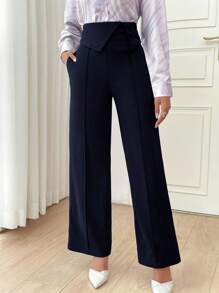 Modelyn Women's Solid Color High Waist Button Design Wide Leg Loose Elegant Dress Pants In Fall/Winter - Navy Blue - View 6