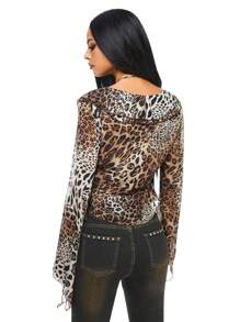 ROMWE Grunge Punk Blusa trasparente elegante con stampa leopardata, arricciatura sul bordo, vita regolabile con laccio, in stile Y2K