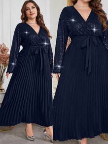 Modelyn Váy xếp ly sequin chắp vá thanh lịch cỡ lớn, mùa thu, váy dự tiệc chữ A sang trọng thanh lịch, dành cho tiệc tối/khách dự tiệc cưới/trang phục Maxi dành cho nữ - Màu xanh hải quân - Xem 1