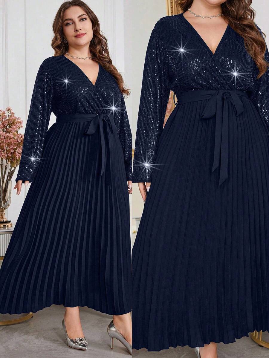 Modelyn Váy xếp ly sequin chắp vá thanh lịch cỡ lớn, mùa thu, váy dự tiệc chữ A sang trọng thanh lịch, dành cho tiệc tối/khách dự tiệc cưới/trang phục Maxi dành cho nữ - Màu xanh hải quân - Xem 1