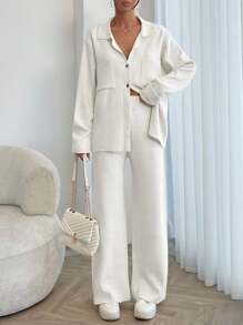 EURMUSE Women Solid Color Collar Neck Front Button Pocket Detailed Pullover & Sweater Pants Set - Beige - View 5