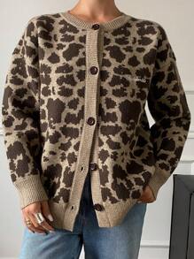 DAZY Leopard Printed & Embroidery Letter Design Women Cardigan Cheetah Print,Fall Clothes - Brown - View 6