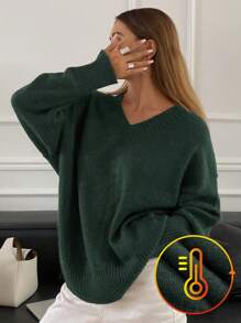 DAZY Women Loose Casual V-Neck Dropped Shoulder Long Sleeve Sweater, Solid Color, Autumn/Winter - Dark Green - View 1
