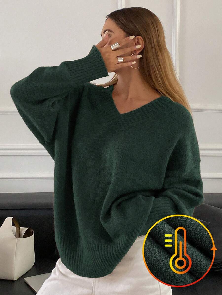 DAZY Women Loose Casual V-Neck Dropped Shoulder Long Sleeve Sweater, Solid Color, Autumn/Winter - Dark Green - View 1