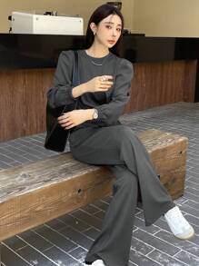 DAZY 2pcs/Set Women Plain Crew Neck Puff Sleeve Sweatshirt And Wide Leg Pants Set,Fall Clothes - Dark Grey - View 6