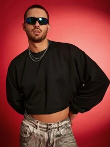 FeverCity 男士休闲简约纯色短款运动衫，秋季圆领运动衫，适合送给朋友、丈夫、男朋友的礼物 - 黑色 - 查看 3