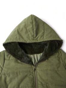 SHEIN LUNE 大码毛皮拼布连帽加厚棉服外套，休闲秋冬装 - 軍綠色 - 查看 4