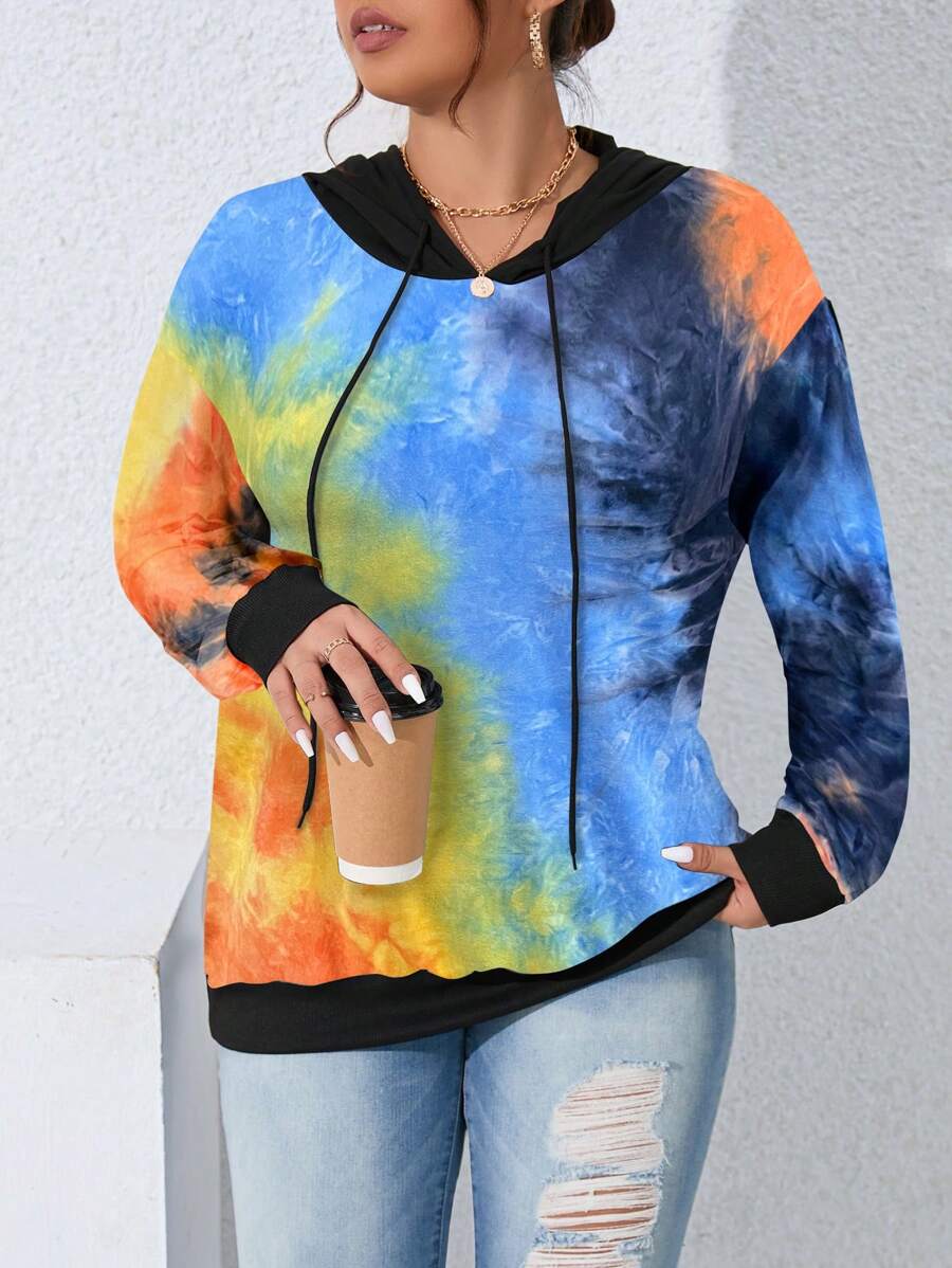 SHEIN LUNE Plus Size Fashion Tie-Dye Drawstring Sweatshirt, Autumn Pullover Fall - Multicolor - View 1