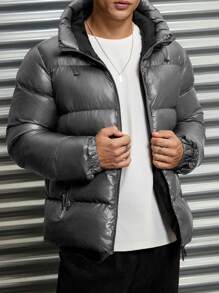 SHEIN Cottnline Men High Collar 2 Zipper Shiny Fabric Regular Padded Coat - Grey - View 4