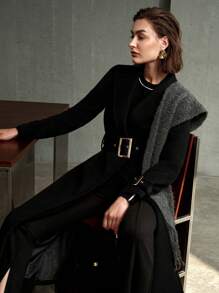 MOTF PREMIUM Manteau long ceinturé avec col châle en laine, poches en biais et boucle - Noir - Voir 11