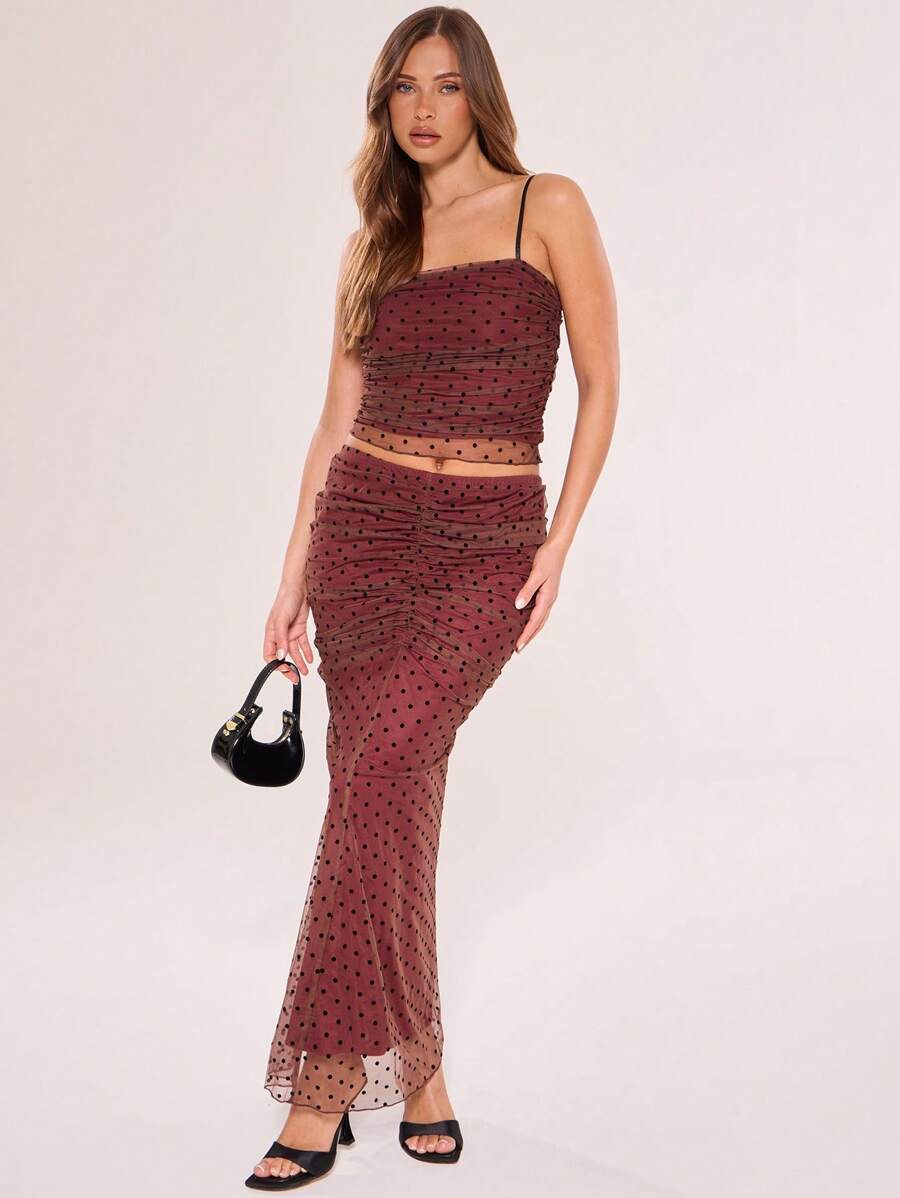MUSERA Polka Dot Mesh Maxi Skirt Elegant  Summer Sexy New Year  Party - Brown - View 1