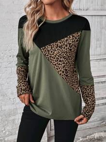 EMERY ROSE Camiseta casual de mujer con estampado de leopardo en bloques de color, otoño