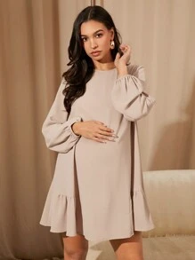 MaterniWear 女士休闲宽松长袖卡其色连衣裙，秋冬季，秋季短裙，秋季女装，办公室/工作服，返校节，教师服装，孕妇装 - 卡其色 - 查看 4