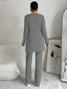 Cottnline Conjunto de 2 piezas de top de cuello redondo y pantalones de unicolor y franjas de 100% algodón para mujer