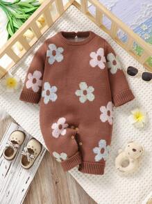 女婴连体衣毛衣，花卉提花设计，圆领长袖连体衣，营造休闲氛围，宝宝可以更自由地爬行，温暖呵护娇嫩肌肤，让您的宝宝成为最耀眼的小星星