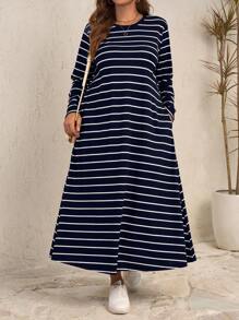 EMERY ROSE Váy dài tay kẻ sọc cỡ lớn có túi cho nữ, quần áo mùa đông cho nữ - Màu xanh hải quân - Xem 1