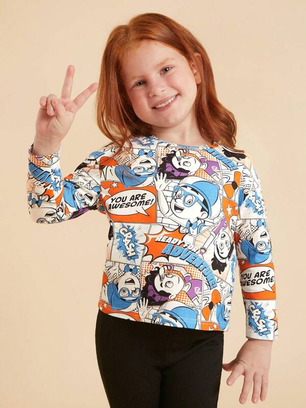 Blippi X SHEIN Young Girl Pop Art Print Orange Blue Casual Long Sleeve T-Shirt