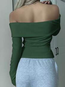 SHEIN EZwear Áo thun bó hở vai màu xanh lá cây đậm dành cho nữ - Màu xanh lá cây đậm - Xem 2