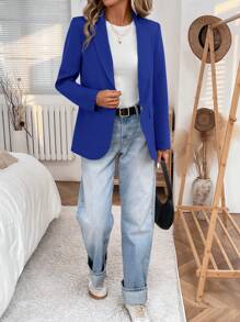 SHEIN LUNE 2024 Autumn/Winter New Arrival Greenish Gray Women Lapel Buttoned Waist Tailored Jacket - Navy Blue - View 5