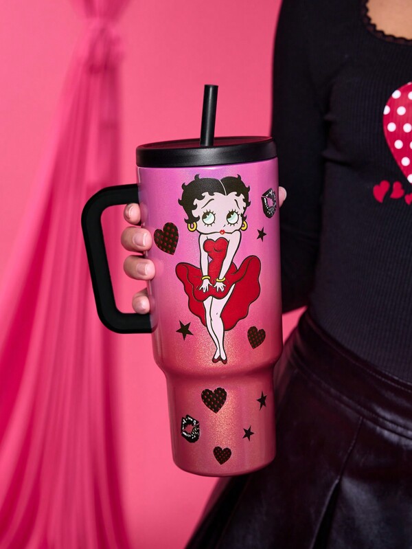 Betty Boop x SHEIN Vaso para coche de 40 onzas con patrón de personaje de dibujos animados y corazón degradado con letras, regalo