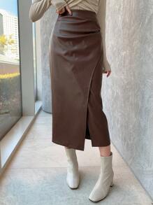 DAZY Solid Color PU Slit Asymmetric Pleated Women Skirt,Pencil Skirt,Fall Clothes Leather Skirt Winter Women Skirts