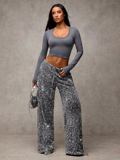 SHEIN BAE Pantalones anchos de mujer de terciopelo negro con cordón y lentejuelas plateadas, adecuados para uso diario, conciertos, cócteles, fiestas, vida nocturna y carnaval con brillo