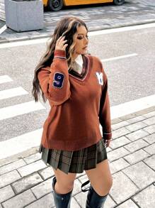 Flirla 大码秋冬英伦风撞色字母植绒宽松V领毛衣女式针织套头衫 - 咖啡棕 - 查看 4