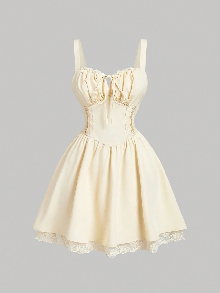 SHEIN MOD White Front With Cup Lace Splice Backstrap Cropped Dress - Apricot - View 1