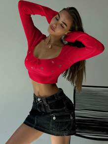 Aloruh Square Neck Embroidered Form-Fitting Cropped Long Sleeve Sweater For Young Women, Romantic For Dates & Casual Wear