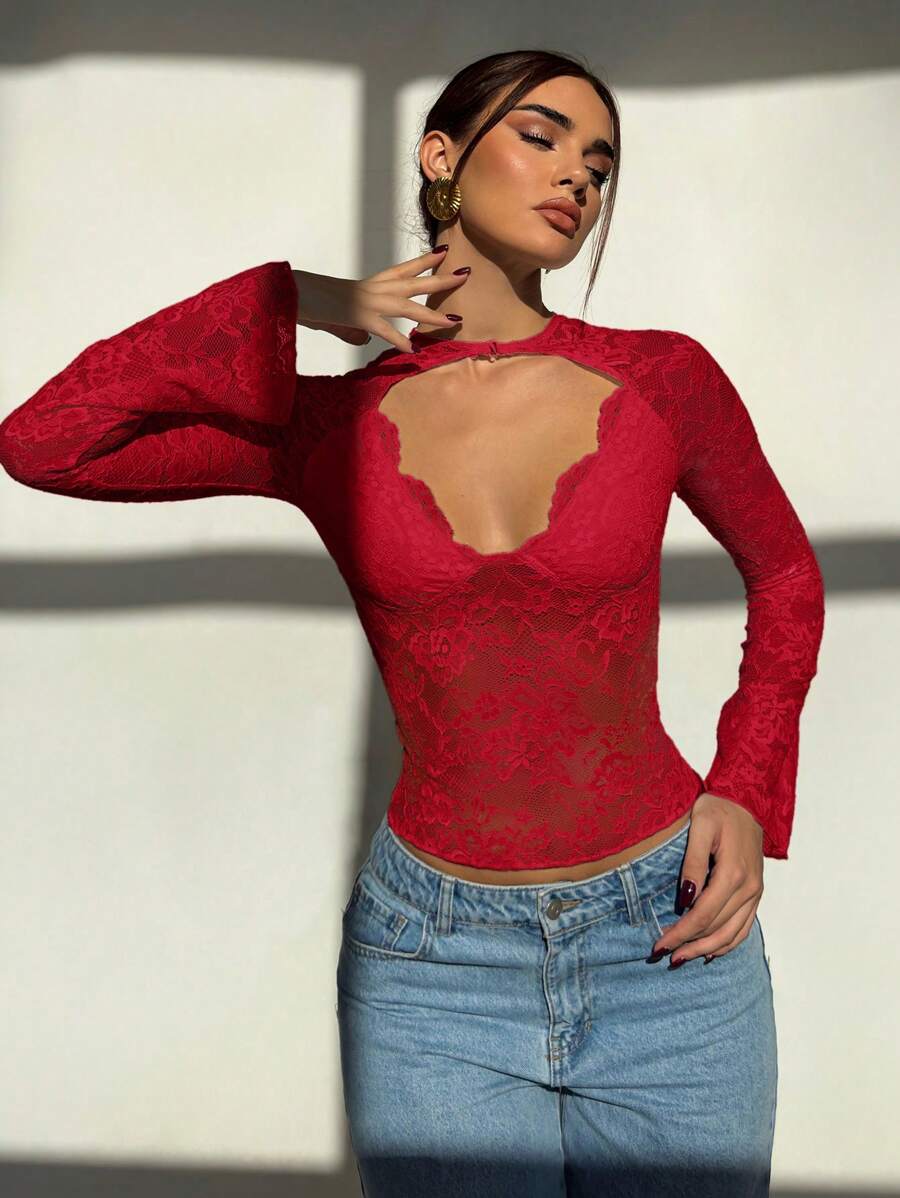 Aloruh 女士红色蕾丝音乐节深 V 领透明性感长袖衬衫 - 紅色 - 查看 1