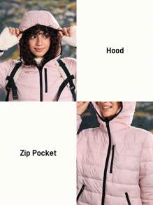 In My Nature 1pc Women Solid Color Hooded Zipper Front Long Sleeve Padded Coat, Winter - Pink - View 5