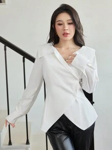 Modelyn 大翻领不对称下摆修身长袖女式衬衫 - 白色 - 查看 6