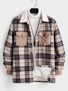Manfinity Homme Jaqueta Forrada Termicamente com Remendos de Camurça Xadrez para Homens, Jaqueta de Trabalho de Moda com Mangas Longas, Jaqueta Estampada de Bloco de Cor Xadrez, Presente para Amigos, Marido, Namorado