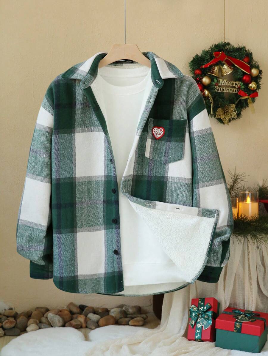 Manfinity VCAY Áo sơ mi tay dài trễ vai họa tiết kẻ caro dáng rộng unisex, phù hợp cho mùa thu/đông, Giáng sinh - Nhiều màu - Xem 1
