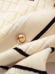 DAZY 女士秋冬翻领长袖纽扣设计拼色毛衣连衣裙，秋季女装 - 米色 - 查看 9