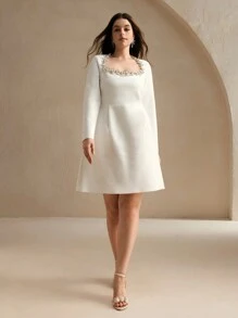 Anewsta Plus Size Women Classic White Long Sleeve Fitted A-Line Short Dress, Elegant Square Neckline With Sparkling Rhinestone Decor - White - View 3