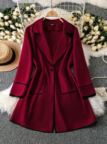 SHEIN LUNE 大码女式长袖圆领拼色纯色面料衬衫，秋冬款