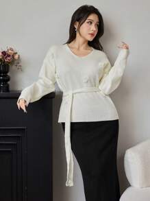 Modelyn Conjunto de 2 piezas para mujer: Suéter con cuello en V, hombros caídos, manga larga, aplicación floral y cinturón en la cintura & Falda larga tipo maxi, conjunto de 2 piezas para otoño e invierno