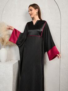 Al Najma 保守土耳其条纹拼接通勤长袍 - 黑色 - 查看 6