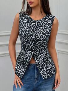 SHEIN EZwear Leopard Print Woven Ladies' Round Neck Single Button Vest Jacket - Grey - View 1