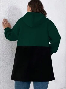 SHEIN CURVE+ Plus Size Solid Color Contrast Zipper Front Casual Hooded Coat