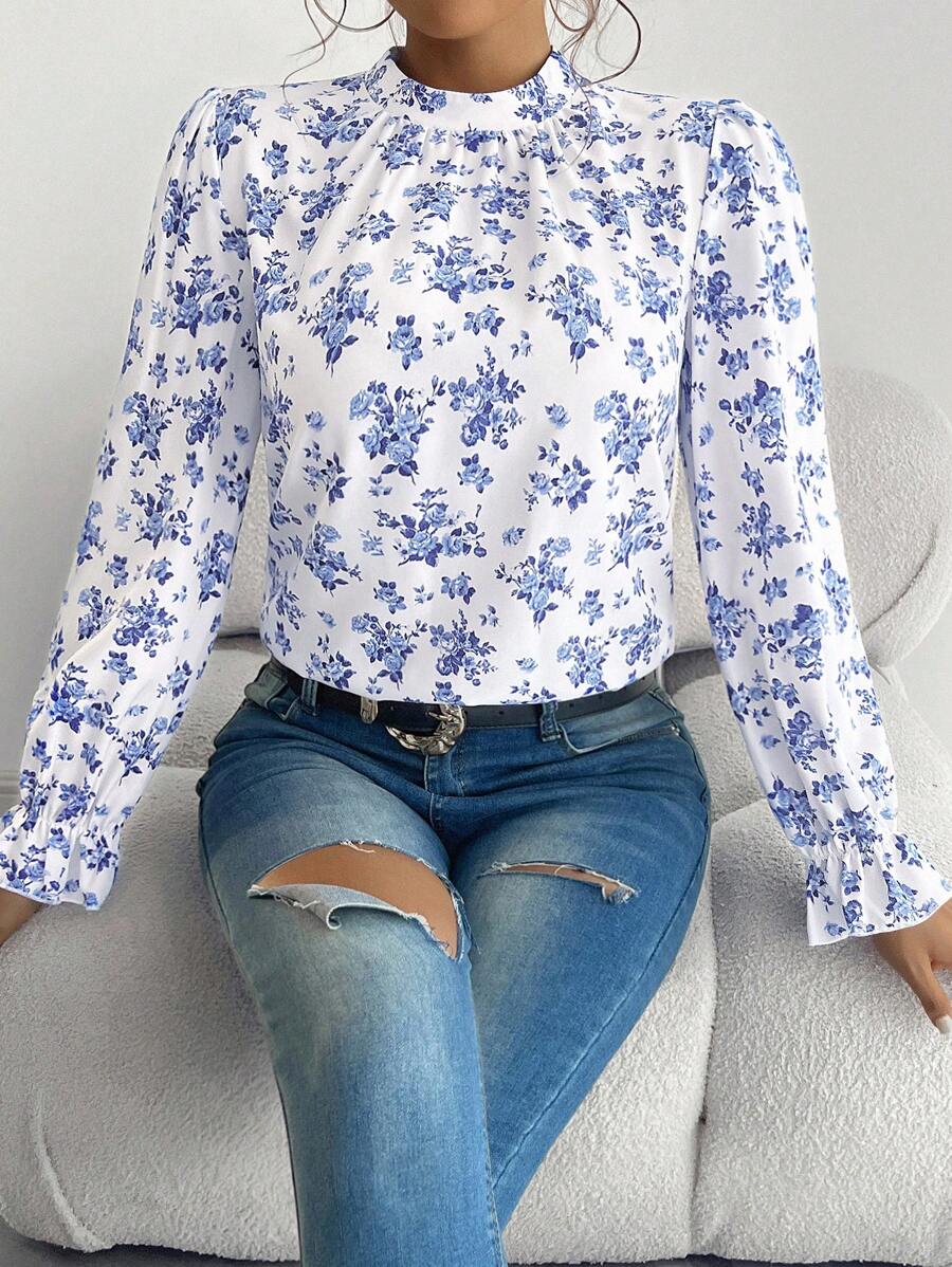 Chiquease Áo cánh dài tay thanh lịch họa tiết hoa xanh kiểu Pháp dành cho nữ, mùa thu - Xanh và trắng - Xem 1