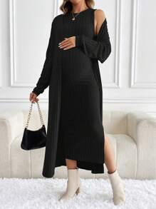 SHEIN Maternity 2pcs Set: Solid Color Round Neck Sleeveless Jumpsuit And Cardigan, Casual - Black - View 3