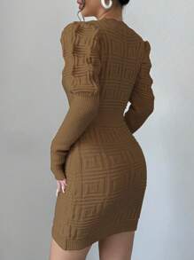 Elenzga 女士休闲纯色泡泡袖修身针织毛衣连衣裙，秋冬 - 咖啡棕 - 查看 2