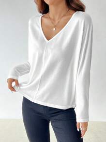 SHEIN PETITE Casual Simple Solid V Neck Batwing Sleeve Tee - White - View 6