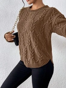 SHEIN Unity Suéter casual de unicolor con hombros caídos y bajo curvo, de manga larga, tejido, para otoño/invierno - Marrón - Ver 3