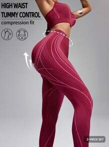 Innovista 高弹力无缝 3D 提花流线运动女装套装 2 件套，2 件套，动感条纹无缝中部支撑工字背聚拢运动文胸和弹力健身骑行紧身裤套装，日常休闲和健身，瑜伽馆，秋季，圣诞节勃艮第套装