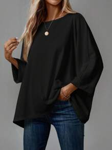 SHEIN CURVE+ 大码长袖宽松舒适家庭风格女式 T 恤 - 黑色 - 查看 2