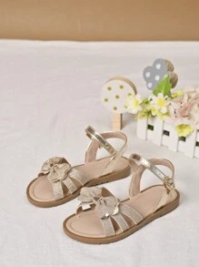 1 Pair Girl's Elegant Bow Flat Sandals, Suitable For Festivals, Weddings, Stage, Vacation & Daily Dress Matching - Gold - View 4