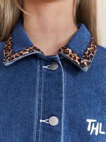 SHEIN Tween Girl Leopard Print Letter Embroidery Pocket Front Button Long Sleeve Denim Jacket For Autumn/Winter